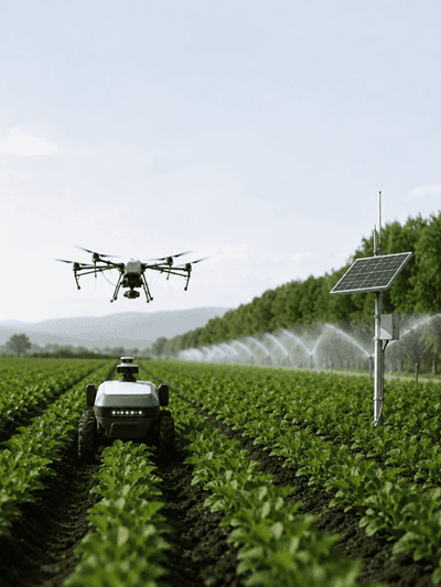 A field robot and spray drone working a crop row